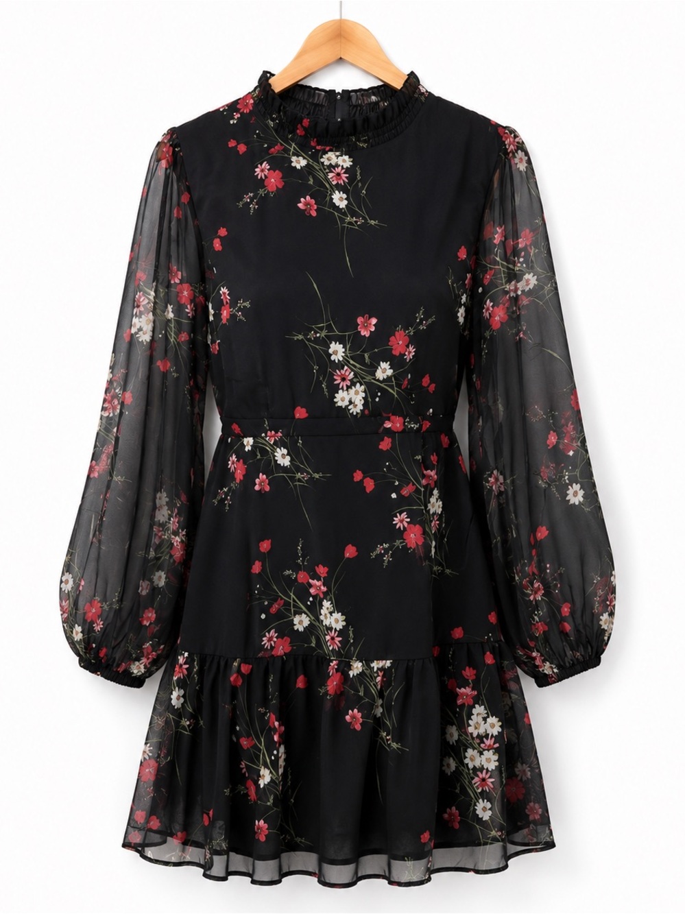 CUPSHE Black Floral Sheer Sleeve Mini Dress Romantic Cottagecore M